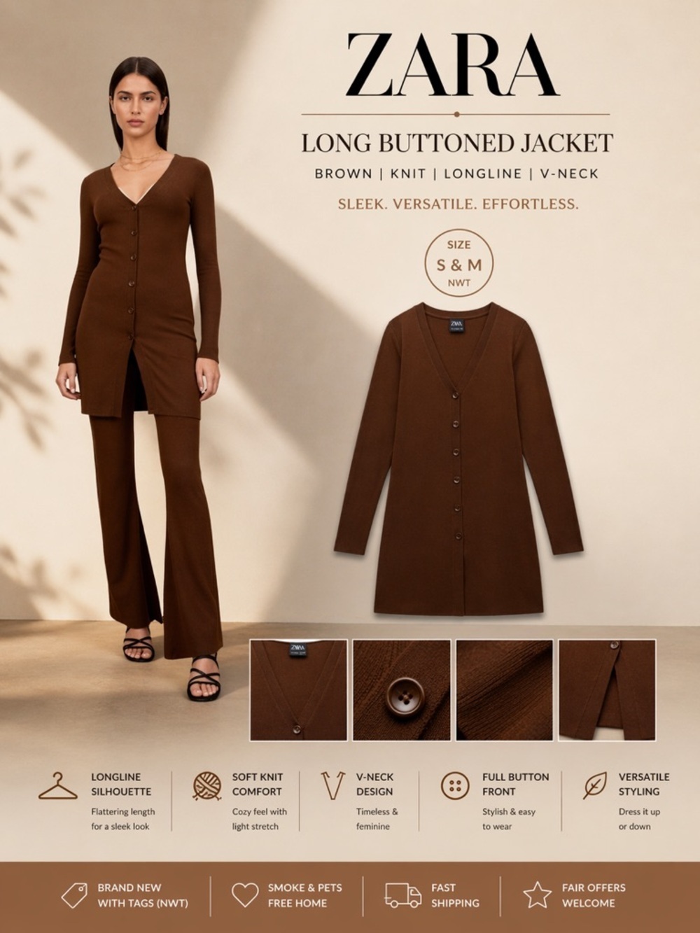 ZARA Brown Long Buttoned Knit Jacket NWT Sizes S M V Neck Cardigan Dress